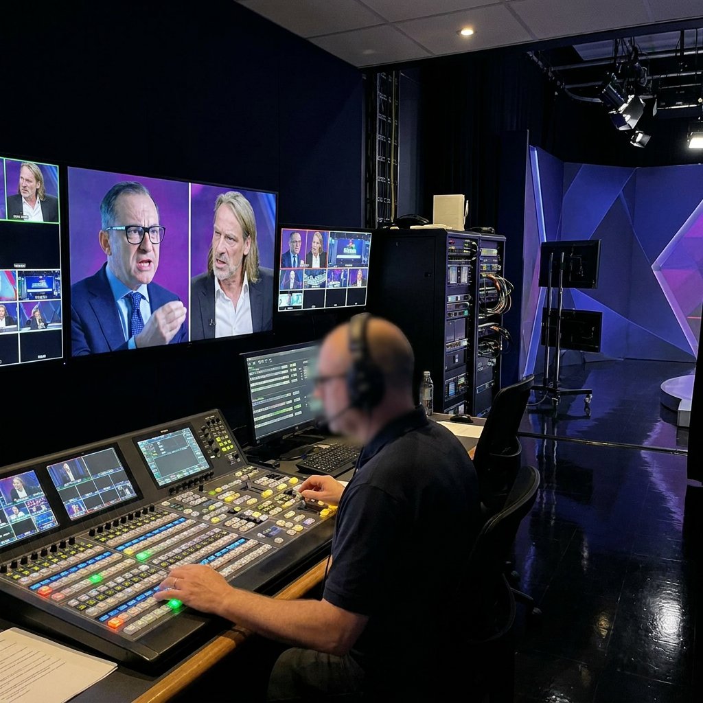 Bildregie: Operator mit Headset an der Bildmischung, Monitorwand mit Live-Produktion