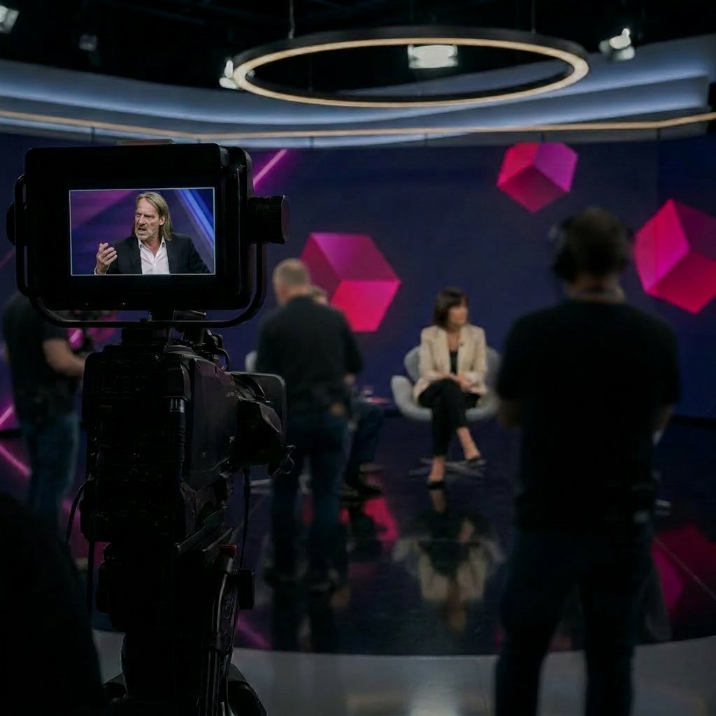 Talk-Produktion von Brennweite Studios: Kamera im Vordergrund, Moderation auf der Bühne, Crew im Studio